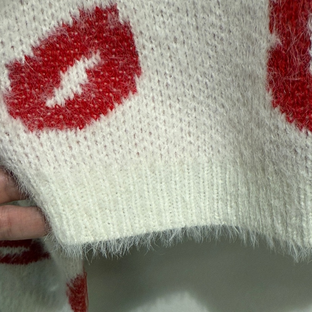 Francesca's Collections White Sweater with Red Lip Pattern - Picture 3 of 4